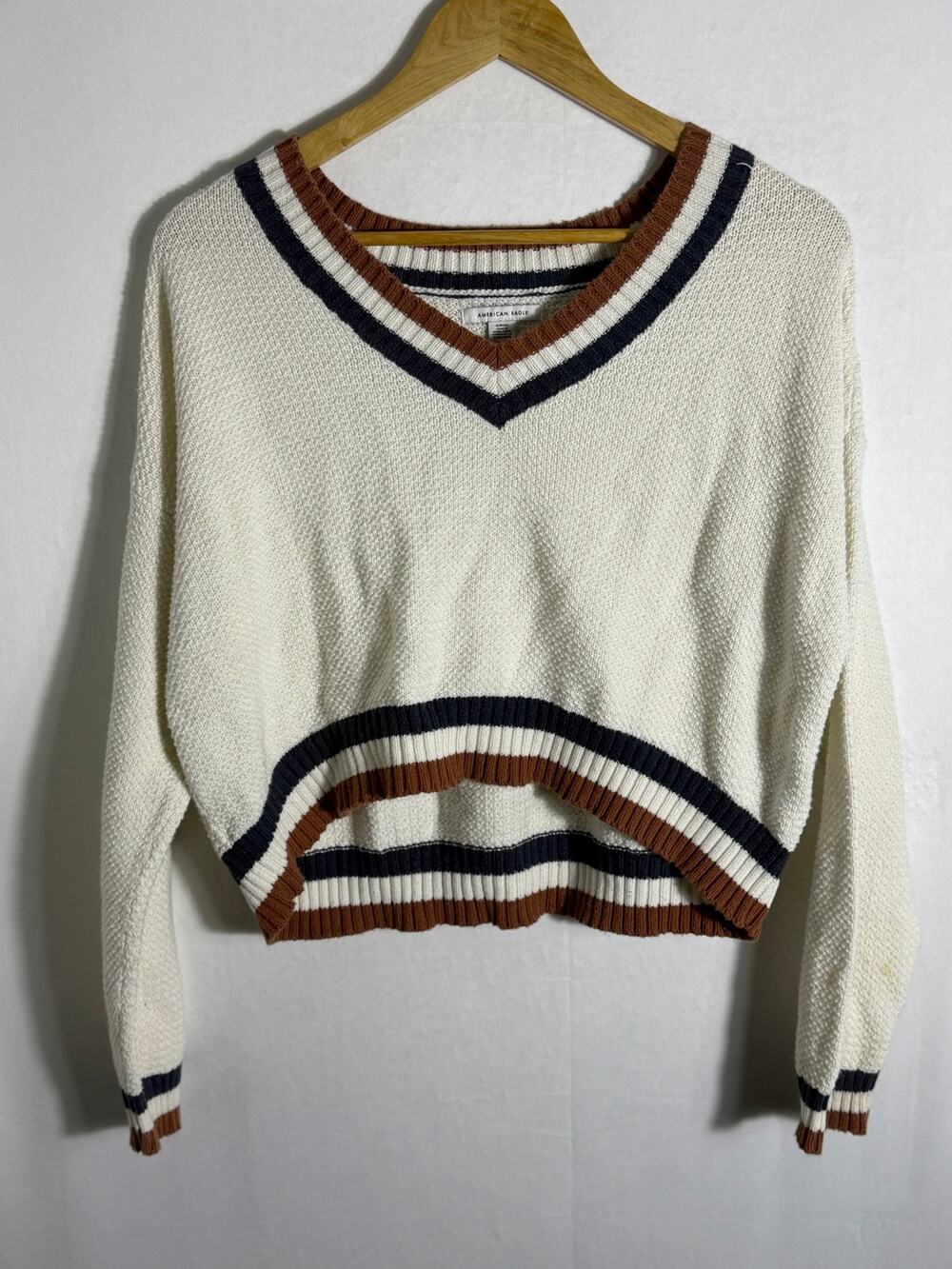 American Eagle Womens Small Cropped V Neck Sweater Cream Brown Navy Striped